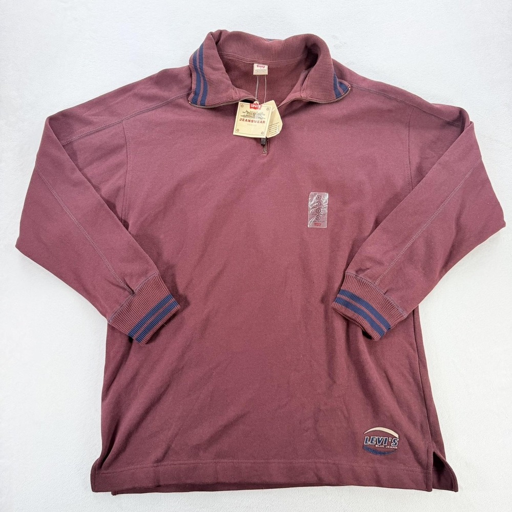 Levi's Sweatshirt Mens Small Red 1/4 Zip Mock Neck Fleece Pullover Logo Patch